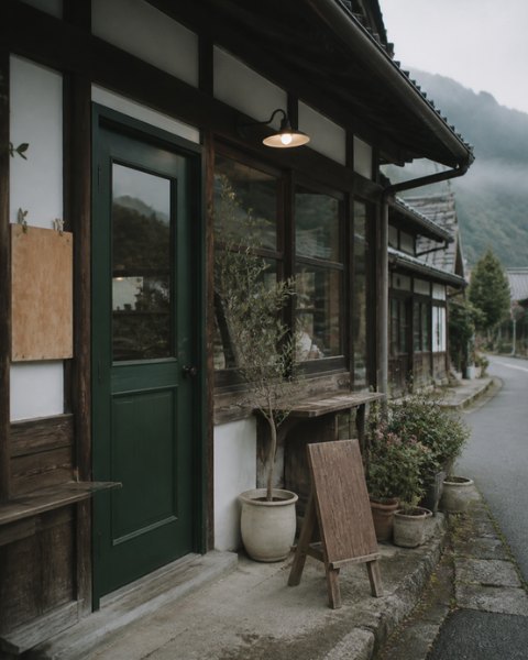 緑の扉の、古い木造の店構え